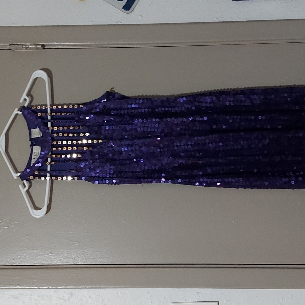 Purple sequin full length dress with gold accents